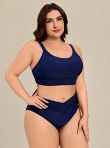 SHEIN Swim Navy Blue Solid Color Plus Size Women's Bikini Set Summer - Navy Blue - View 4