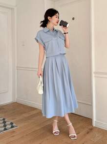 DAZY 2pcs Plain Cropped Shirt & Skirt Set For Women - Blue - View 6