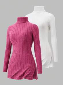 Teen Girl Casual Solid High Neck Ribbed T-Shirt, Winter Top - Multicolor - View 1