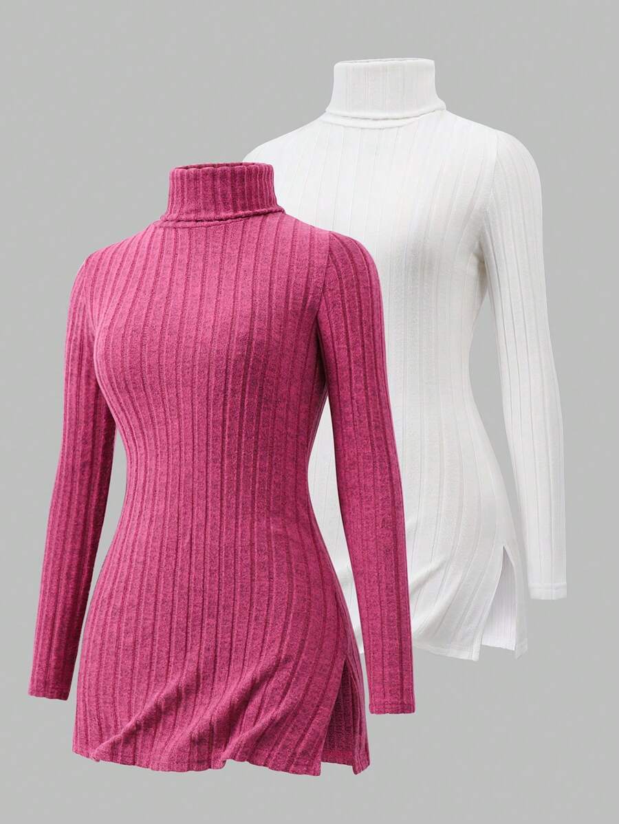 Teen Girl Casual Solid High Neck Ribbed T-Shirt, Winter Top - Multicolor - View 1