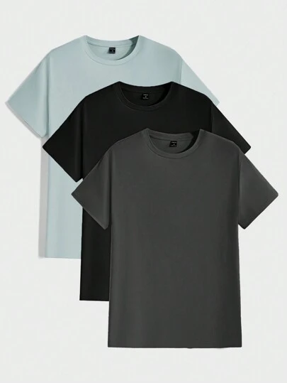 Manfinity BRENVOR Men's Summer 3pcs Solid Color Knitted Casual Short Sleeve T-Shirt With Round Collar