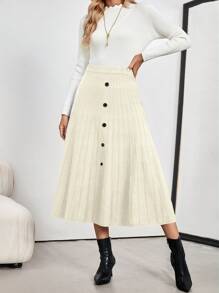 EMERY ROSE Women's A-Line Front Button Plain Simple Casual Knitted Skirt - White - View 1