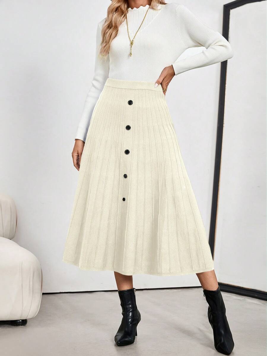 EMERY ROSE Women's A-Line Front Button Plain Simple Casual Knitted Skirt - White - View 1