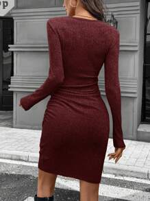 SHEIN LUNE Jesienna sukienka mini bodycon z długim rękawem i marszczeniami w talii, w kolorze czarnym, dla kobiet, na Halloween
