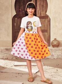 SHEIN 2 件套 青少年女孩休闲简约舒适卡通女孩花卉图案圆领 T 恤和裙子套装 - 黃色 - 查看 5