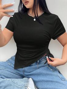 Coolane Plus Size Solid Color Asymmetrical Drawstring Short T-Shirt For Summer