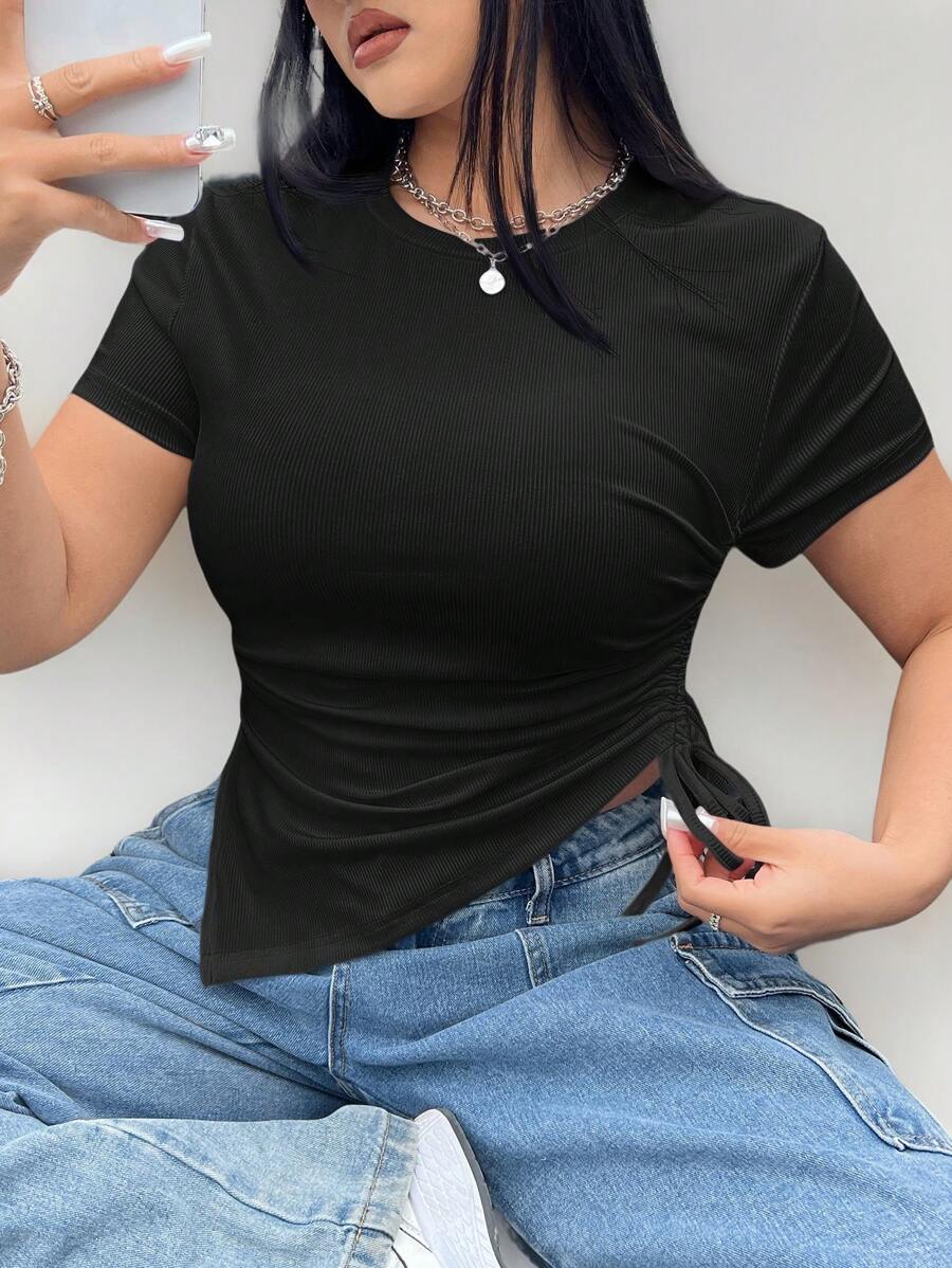 Coolane Plus Size Solid Color Asymmetrical Drawstring Short T-Shirt For Summer