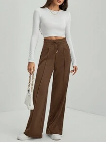 SHEIN Tall Solid Drawstring Waist Wide Leg Brown Sweatpants - Mocha Brown - View 4