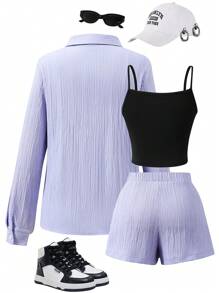 少女休闲纯色长袖衬衫、短裤和吊带套装 - 彩色 - 查看 2