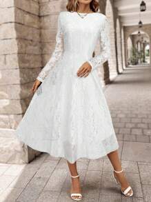 EMERY ROSE Elegant White Lace Dress, Long Sleeves, A-Line Silhouette, Perfect For Weddings, Parties, And Special Events,Prom Dress - White - View 4