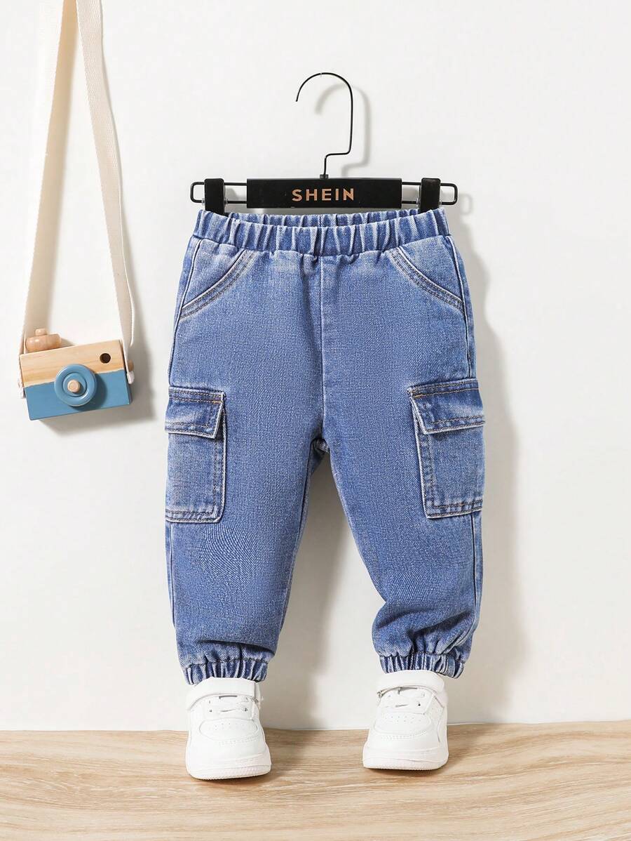 SHEIN New Loose Drawstring Waist Street Casual Cargo Pants For Baby Boys - Medium Wash - View 1