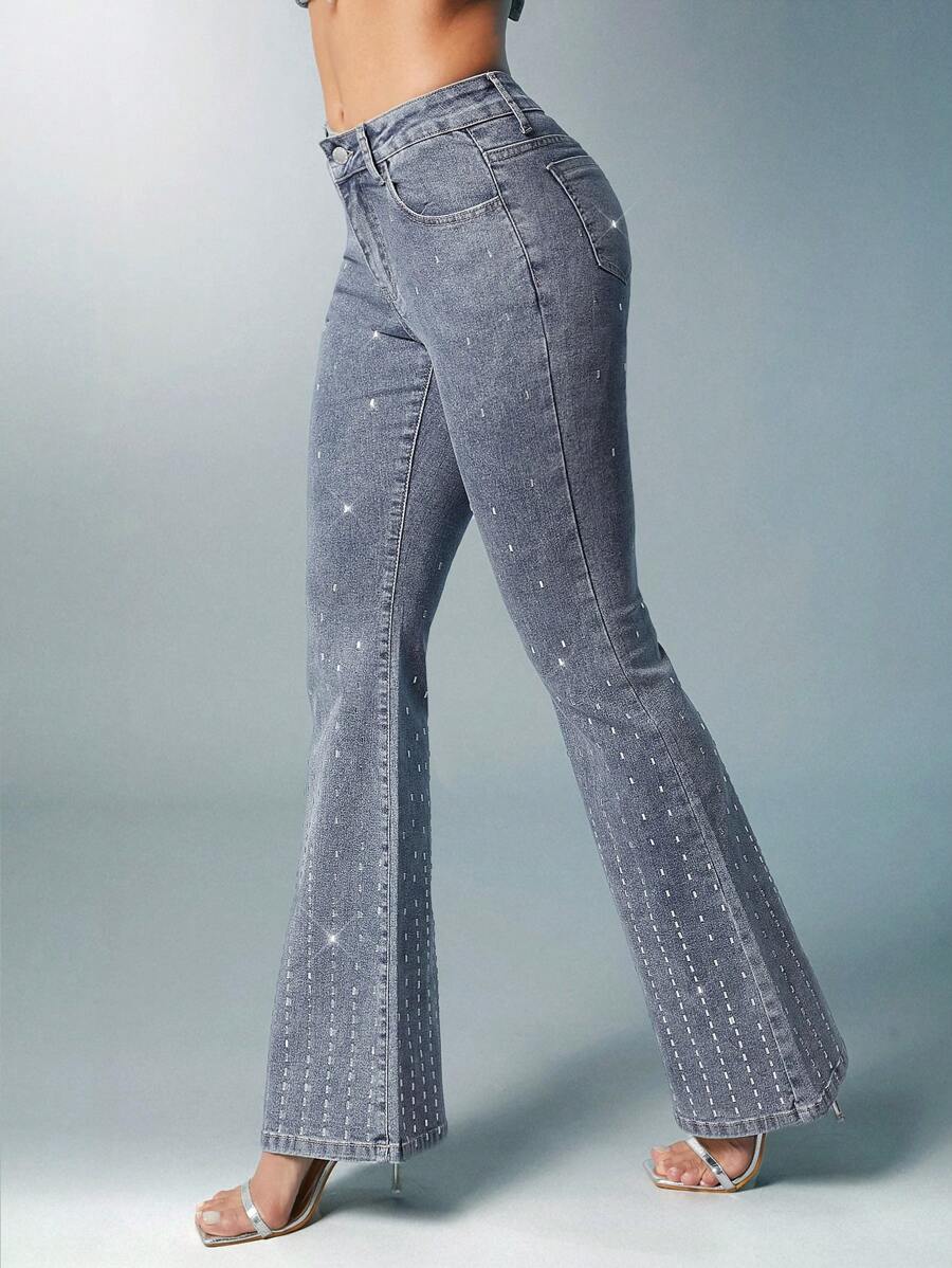 Denimoi 女装，女式蓝色休闲喇叭牛仔裤，镶钻，女式裤子，牛仔裤，女式牛仔裤，低腰牛仔裤。适合日常穿着 - 淺色水洗藍 - 查看 1