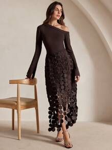 Anewsta 性感修身高腰斜肩长袖垂坠镂空流苏迷你连衣裙，欧美风 - 巧克力棕 - 查看 6