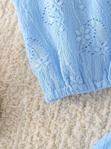 SHEIN 2024春秋新款少女可爱甜辣两件套：提花面料盖袖吊带上衣+甜美荷叶边下摆半身裙，韩版少女可当装，童装 - 藍色 - 查看 5