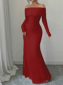 Rafferiza 性感优雅紧身长袖高腰露肩扭花鱼尾下摆白色纯色针织连衣裙，女款，秋冬 - 酒紅色 - 查看 6