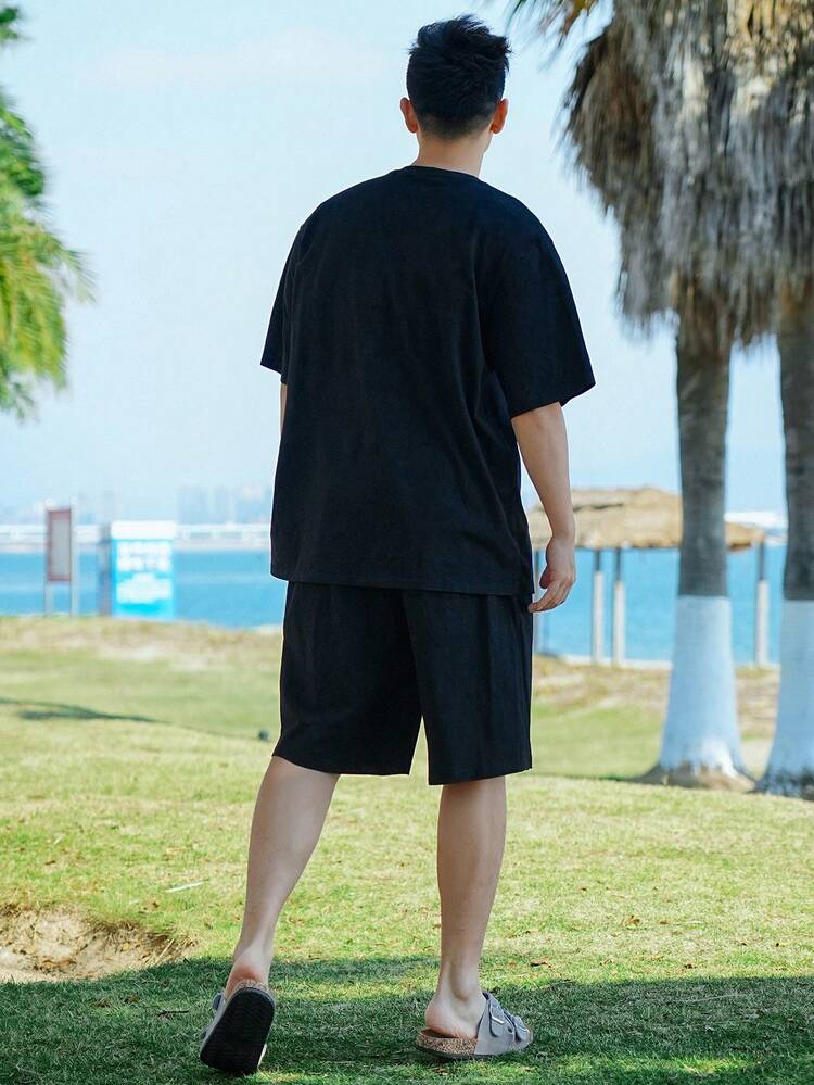 Men's Colorful Leopard & Letter Print Black T-Shirt & Shorts Set, Summer
