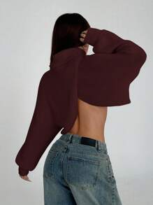 SHEIN Unity Women Casual Solid Color High Neck Batwing Sleeve Cropped Sweater, Autumn/Winter - Burgundy - View 2