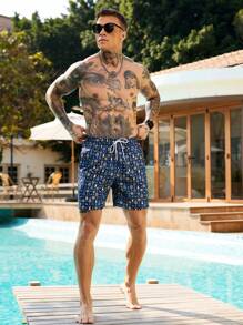 Manfinity KASUA Men's All-Over Print Drawstring Waist Casual Beach Shorts - Multicolor - View 3
