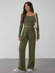 SHEIN Tall Women Solid Color Long Sleeve Simple Top And Pants Casual Suit - Army Green - View 8