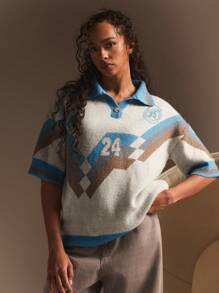 Athîral Women Front Button Short Sleeve Graphic Detail Casual Knit Top - Burgundy - View 4