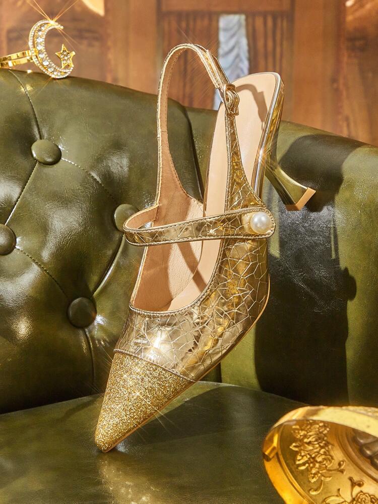 CUCCOO TILAWA Zapatos de tacón alto Mary Jane con puntera puntiaguda, adornados con perlas falsas y brillo, color dorado champán, sexy y de moda, adecuados para fiestas, bodas y celebraciones del Día de San Valentín