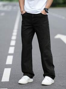 Manfinity Homme Men's Pocketed Wide Leg Relaxed Fit Casual Versatile Jeans - Black - View 7