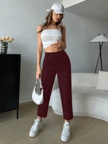 SHEIN EZwear 春季黑色斜口袋七分西装裤 - 酒紅色 - 查看 4