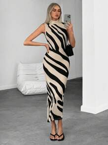 Siren Gaze Women's Sleeveless Turtleneck Dress With Zebra Print Pattern