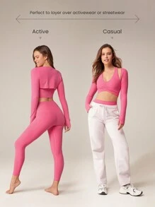 GLOWMODE FeatherFit™ 短款无限长袖背心耸肩上衣带拇指孔低冲击瑜伽日常夏季 - Blush Crush - 查看 6