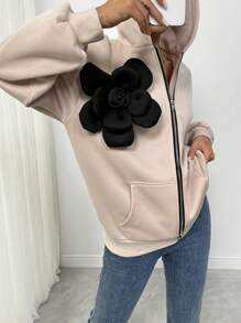 SHEIN Unity 3D Floral Decor Zip Up Hoodie Sweatshirt With Thermal Lined Fall - Apricot - View 3