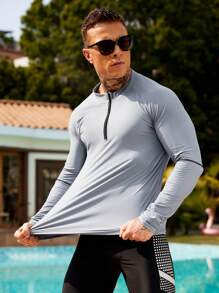 Manfinity Swimmode Men Solid Color Zip Up Surf T-Shirt, Slim Fit Casual Daily Wear,Hawaiian