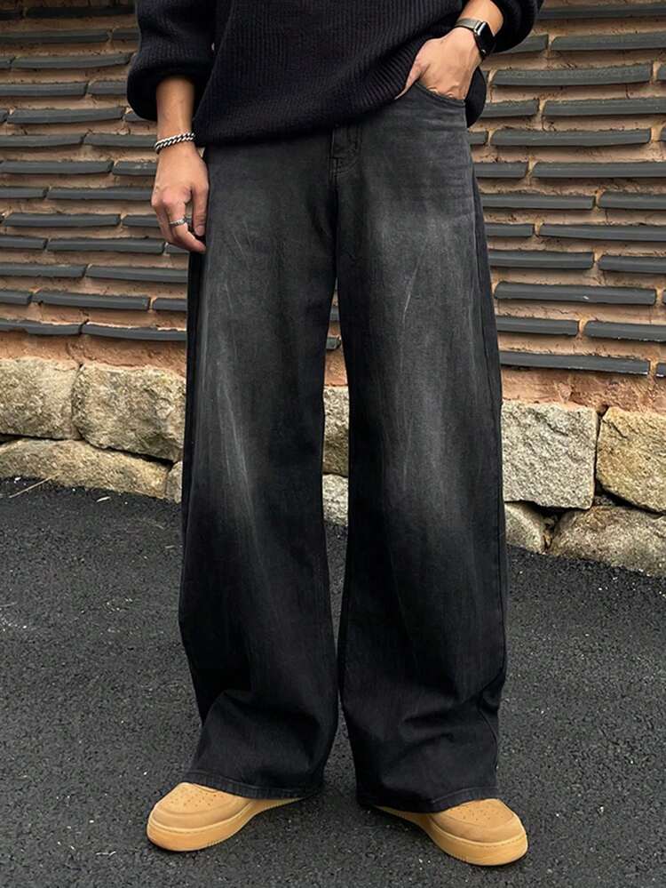 Men's Simple Solid Black Jeans, Casual Everyday Wear For Autumn, Grunge