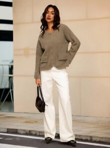 Forever 21 Women Solid Color Front Zipper Long Sleeve Minimalist Top, Casual Everyday Wear - Camel - View 2