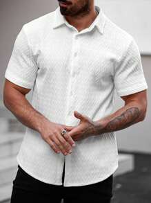 Manfinity Homme 男士纯色短袖单排扣休闲宽松衬衫男装男士衬衫男士衬衫休闲 - 白色 - 查看 5