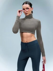 SHEIN Unity Top básico corto de cuello alto de unicolor, sexy - Gris Oscuro - Ver 5