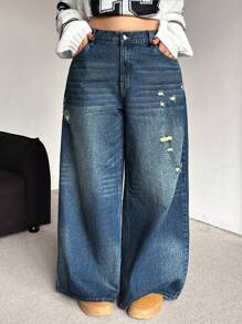 SHEIN EZwear Plus Size Loose Fit Ripped Blue Denim Wide Leg Casual Jeans Fashion Solid Retro Washed Baggy Women Jeans High Waist Straight Leg Jeans Wide Leg Jeans Winter Jeans Halloween Outfits Street Cool Style Streetwear Pants For Women Homecoming Fall Clothes