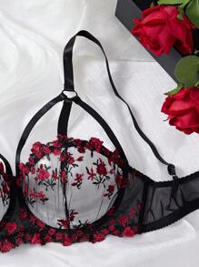 2 件套加大码浪漫花卉印花性感文胸和内裤内衣套装，提拉