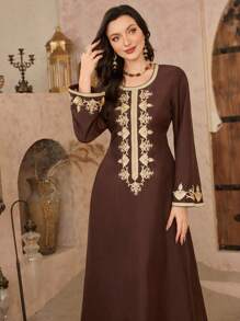 Al Najma Crew Neck Long Sleeve, Minimalist Casual Embroidery Detail Robe, Modest Kaftan - Coffee Brown - View 7