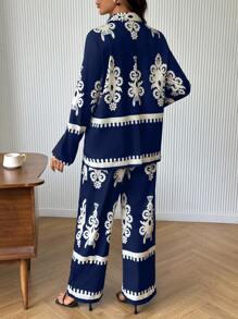 SHEIN 2pcs Maternity Front Button Shirt With Floral Print And Full Length Pants Set - Royal Blue - View 2