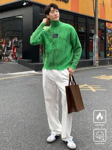 Manfinity Roghcode Men's Casual Color Block Striped Turtleneck Sweater, Autumn/Winter - Green - View 3