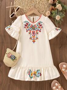Young Girl Bohemian Style Faux Floral Embroidery Print V-Neck Ruffle Hem Casual Dress - Beige - View 7