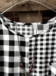 Linhara Plus Size Women Summer Elegant Vintage Plaid Pocket Patched Blouse - Black and White - View 4