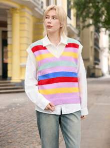 Skyraze Cardigan tricoté arc-en-ciel surdimensionné pour femmes, motif géométrique