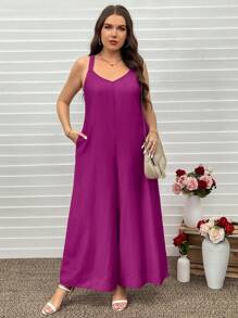 SHEIN LUNE Plus Size Women's Solid Color Wide Strap Loose Casual Jumpsuit Valentine Summer Outfits For Women Summer Spring Clothes Spring Outfits For Women Summer Summer Boho Old Money