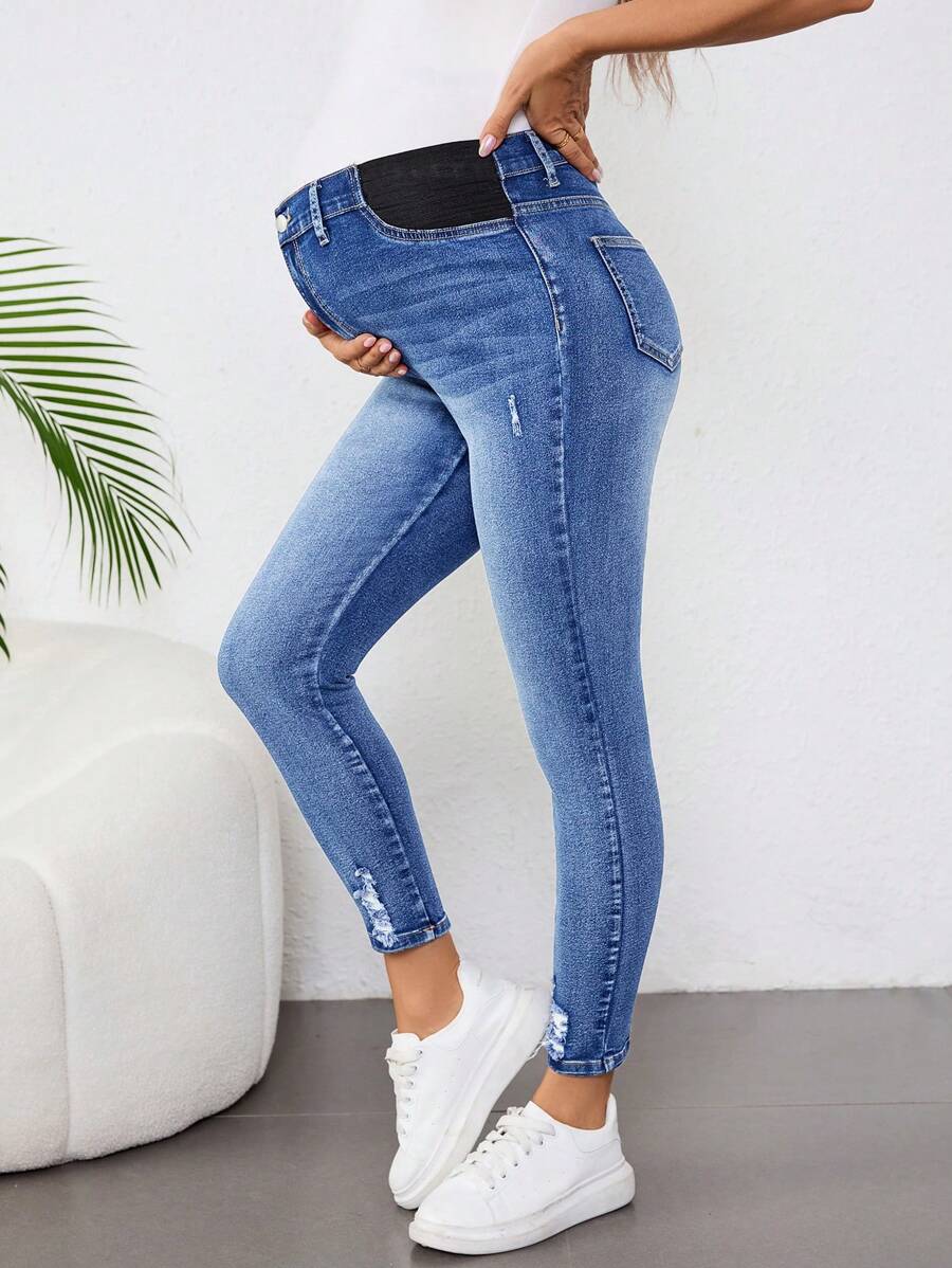 SHEIN Maternity Stretchy Blue Denim Skinny Pants Maternity Jeans Mom Jeans - Medium Wash - View 1