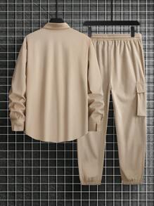 Manfinity Homme 2Pcs/Set Men's Solid Color Button Front Long Sleeve Pocket Top And Pants Suit - Khaki - View 2
