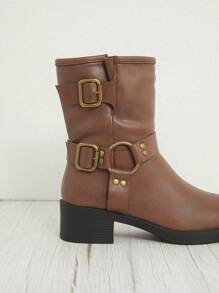 SHUZIA 女士棕色厚底摩托靴，双扣带和金色五金配件，舒适方头，日常款式，新年假期