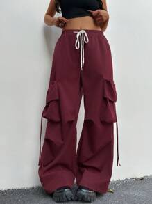 Flirla Plus Size Cargo Style Elastic Waist Baggy Pants, Plus Size