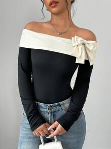 Selianne Bowknot Decor Off Shoulder Bodysuit, Casual & Fashionable For Everyday Wear Fall Cloth For Women - Multicolor - View 5