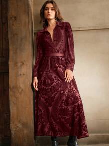 Anewsta Turndown Collar Long Sleeve Velvet Print Elegant Blouse